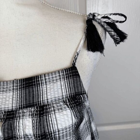 BB Dakota Steve Madden "Plaid Out" Black White Tank Top Tassel Straps Size Small - Picture 3 of 10